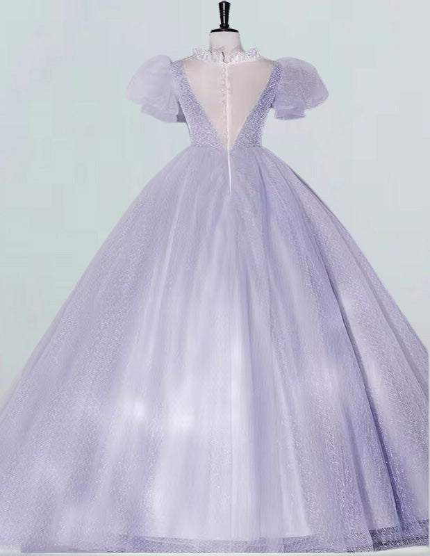 Girls' Elegant Lavender Sequin Tulle V-Neck Prom Gown | Formal Evening Dress