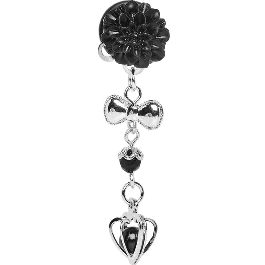 0G Black Flower Heart to Heart Dangle Plug Sizes 5mm to 12mm