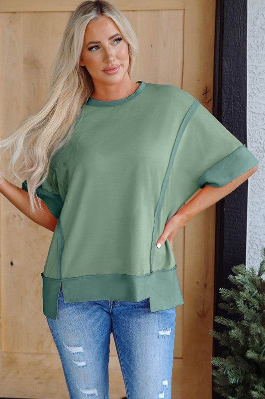 Mikaela Half Sleeve Raw Seam Split Top