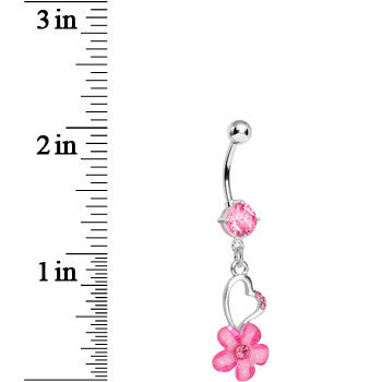 Pink Gem Hollow Heart Flower Dangle Belly Ring