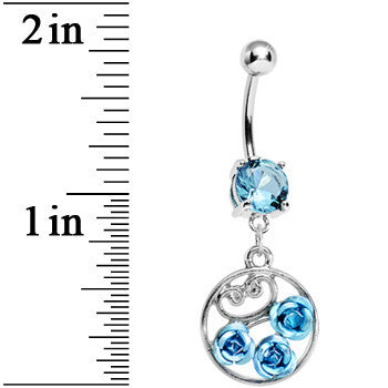 Aqua CZ Triple Rose Flower Hoop Charm Dangle Belly Ring