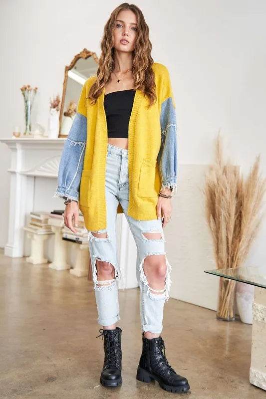 ADORA Full Size Frayed Denim Sleeve Sweater Cardigan Plus Size