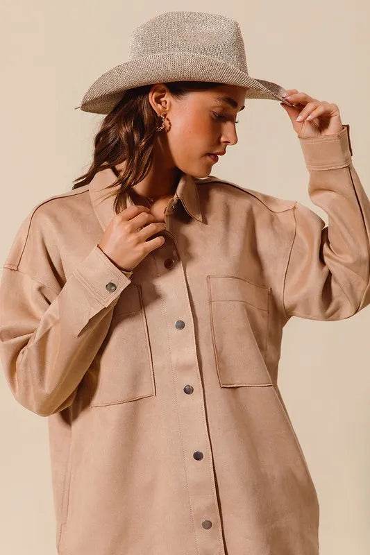 SO ME Faux Sued Snap Shacket with Collar and Pockets