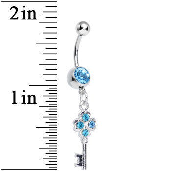 Aqua Gem Antique Magic Heart Key Dangle Belly Ring