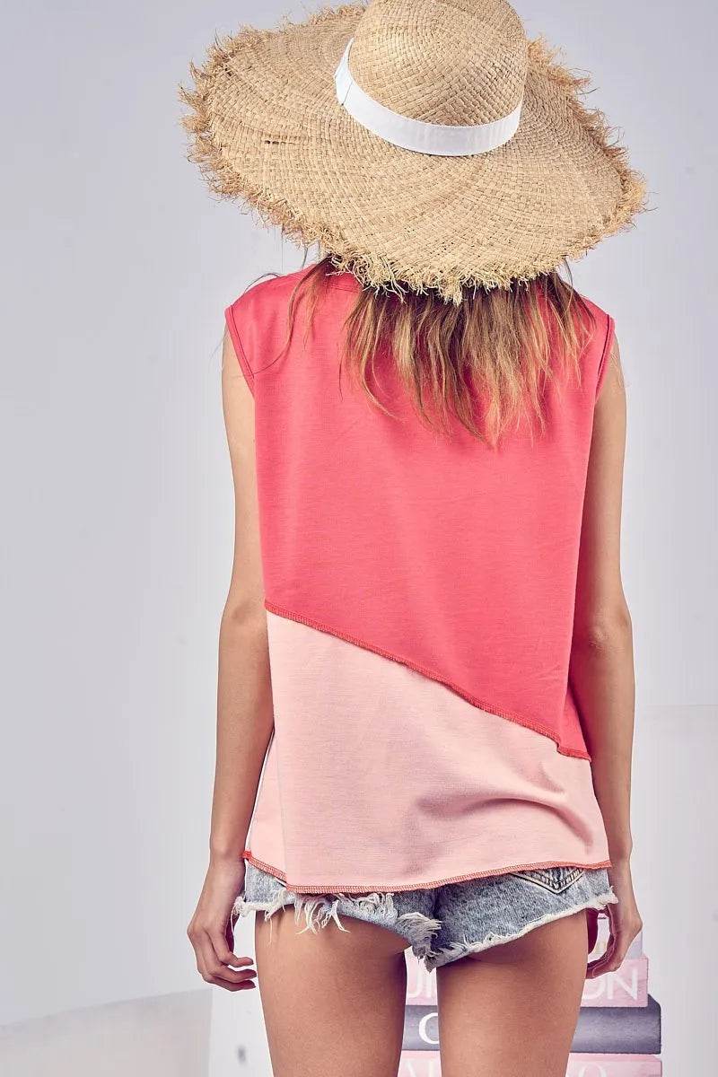 BiBi Color Block Contrast Stitching Buttoned Henley Top