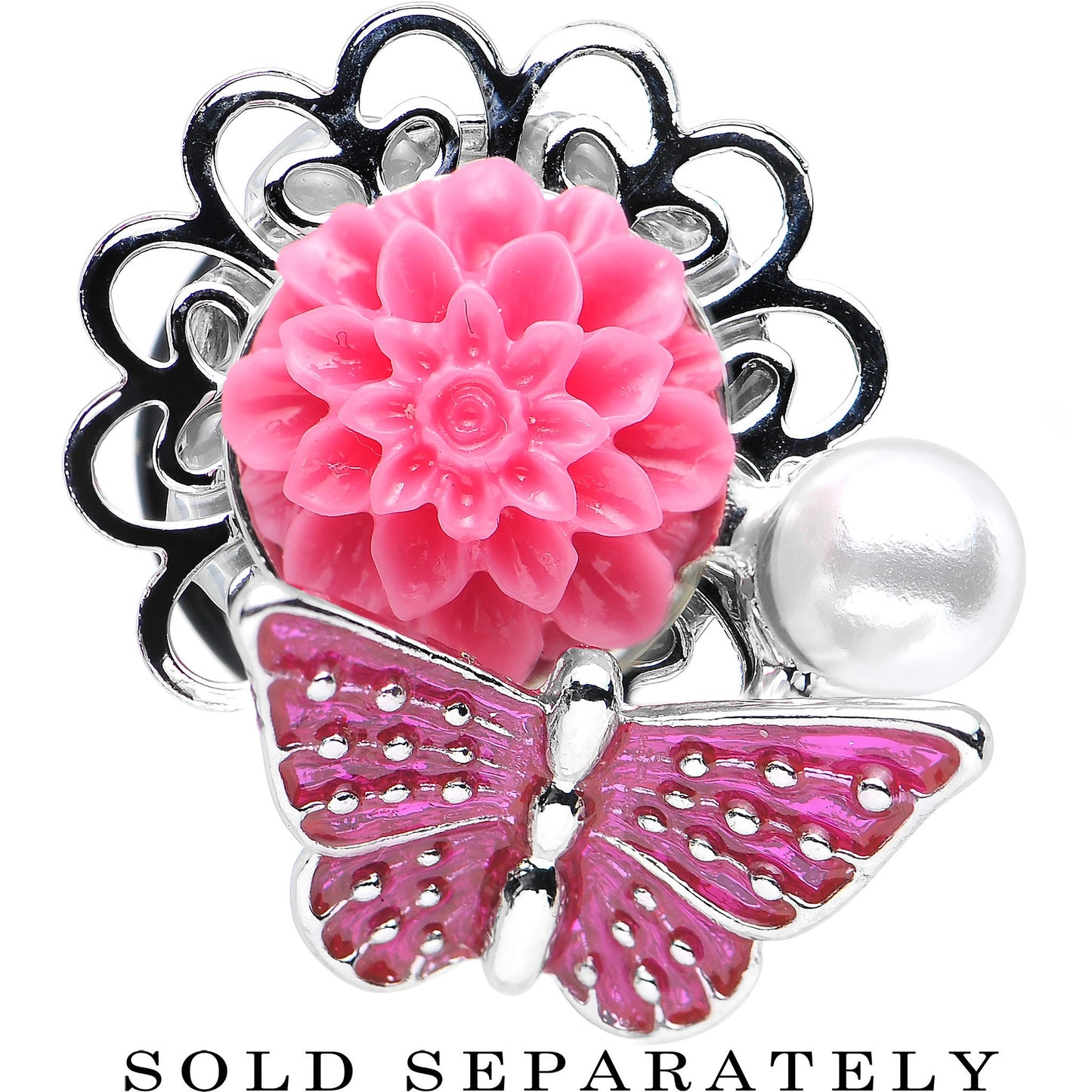 1/2 Pink Acrylic Flower Pink Butterfly Single Flare Steel Plug