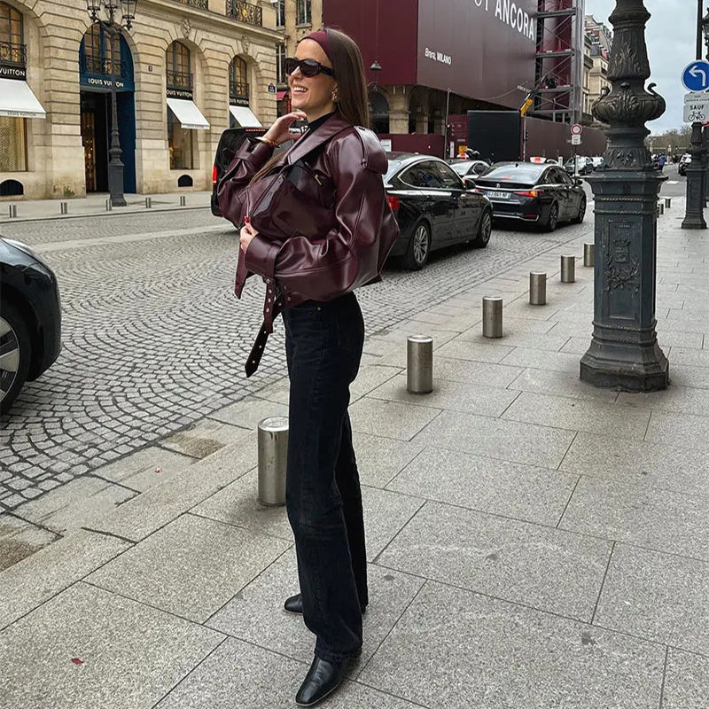 Loose Lapel Leather Jacket Fashion Cropped Tops Streetwear