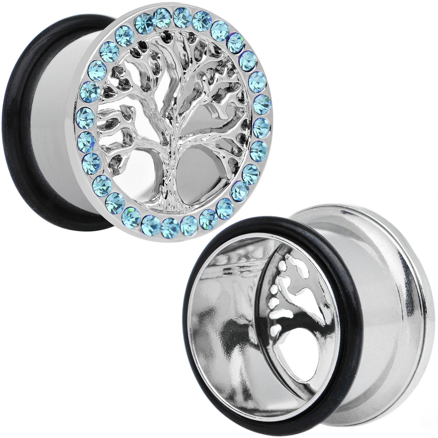 11/16 Blue Gem Stainless Steel Single Flare Tree of Life Plug Set