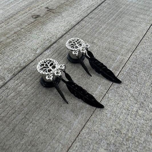 0G Clear Gem Steel Single Flare Tree of Life Dangle Plug Set