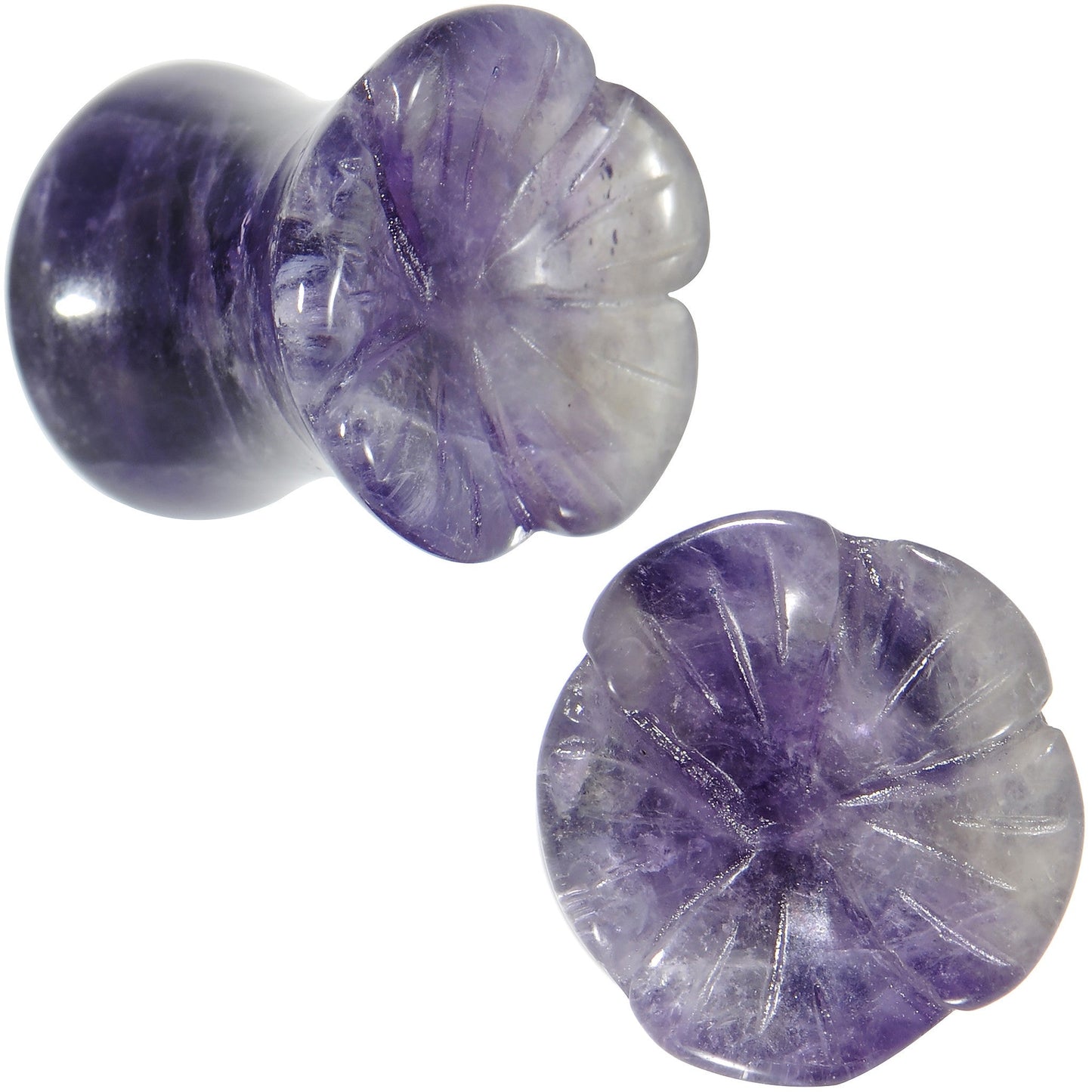 0G Natural Amethyst Stone Carved Flower Saddle Plug Set