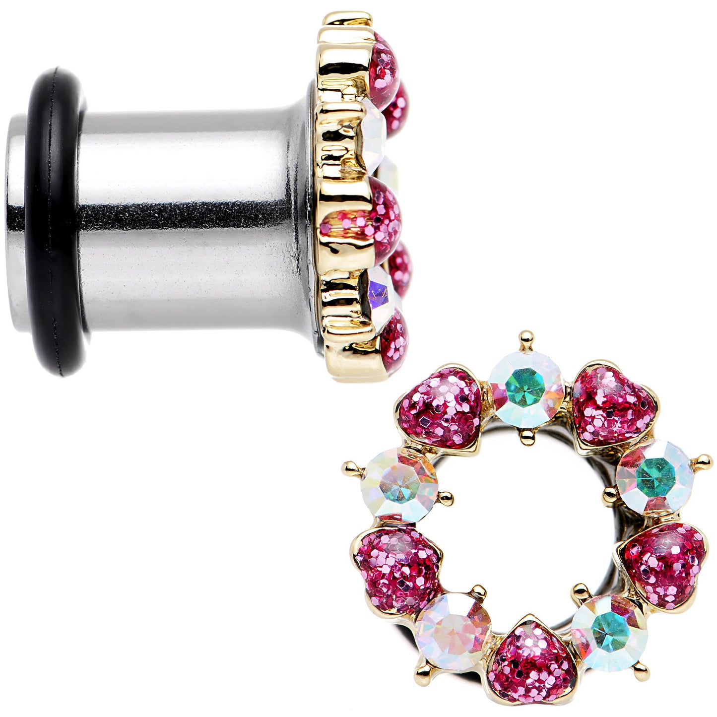 0G Aurora and Pink Gem Heart Wreath Single Flare Tunnel Plug Set