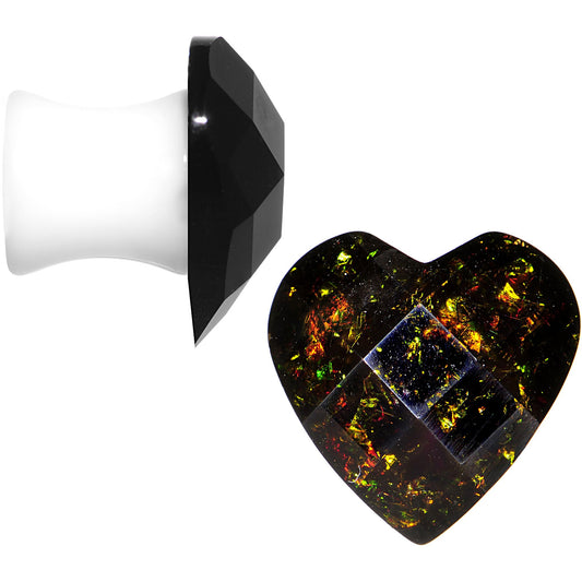 0G White Acrylic Black Valentine Love Heart Saddle Plug Set