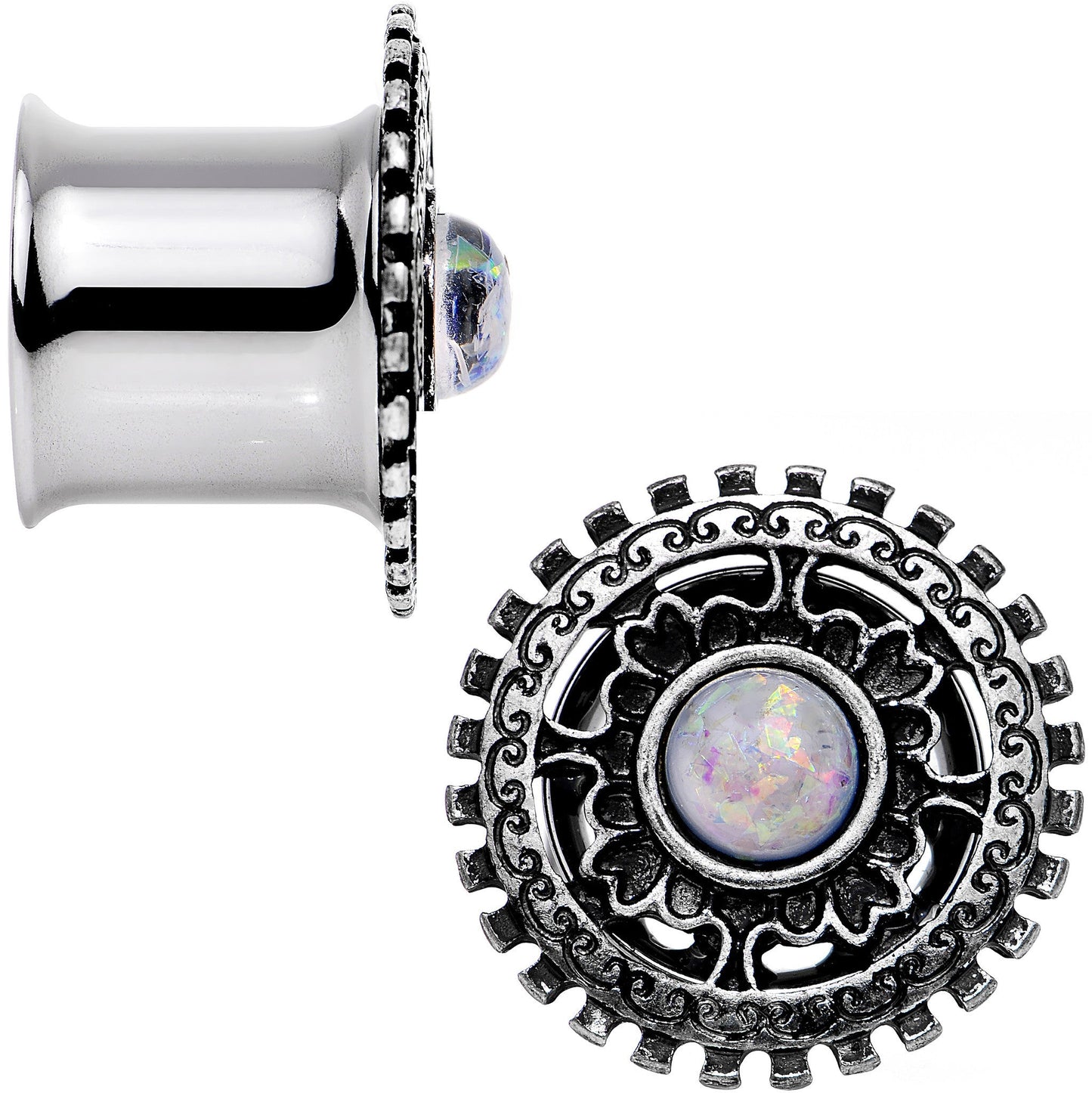 1/2 White Faux Opal Steel Finely Framed Double Flare Plug Set