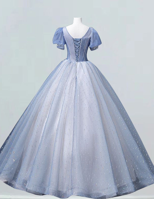 Blue v neck beaded lace applique short sleeve sparkle tulle ball gown prom dress
