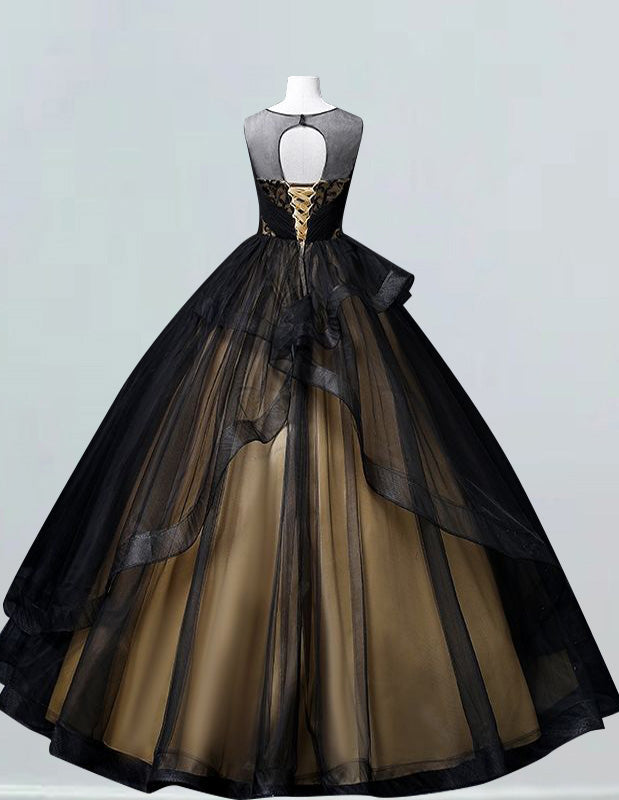 Black scoop lace applique tulle ball gown princess evening gown prom dress gold satin bridal party dress