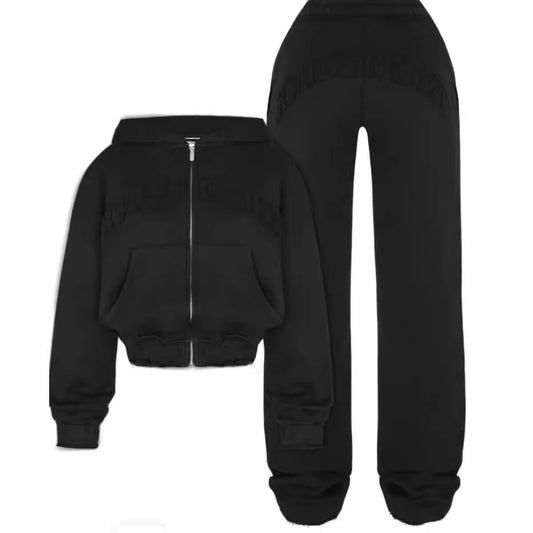 Ins Letter Sports Suit Zip-up Hooded Cropped Sweatshirt Top And Loose Drawstring Trousers