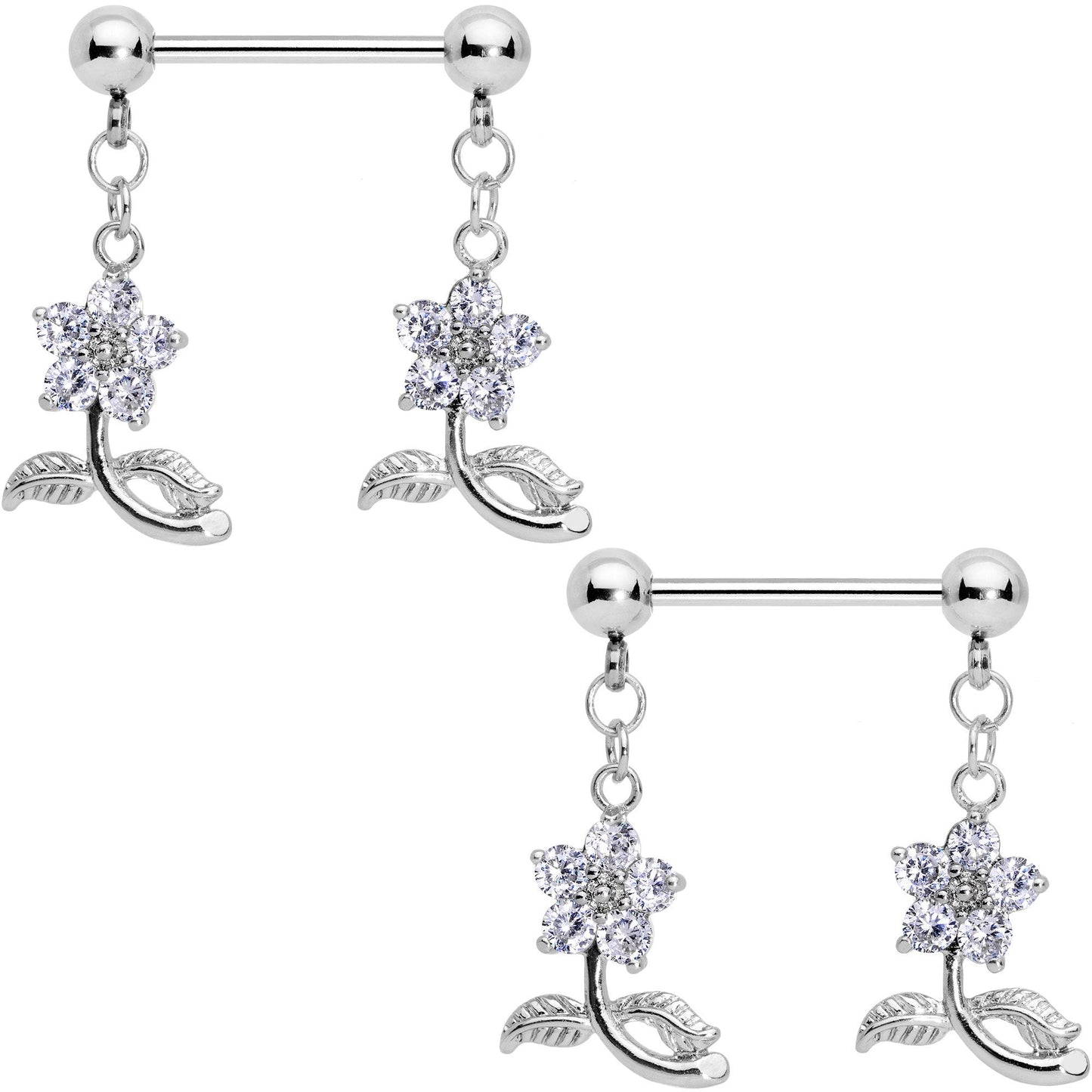 9/16 Clear CZ Gem Stemmed Flower Dangle Barbell Nipple Ring Set