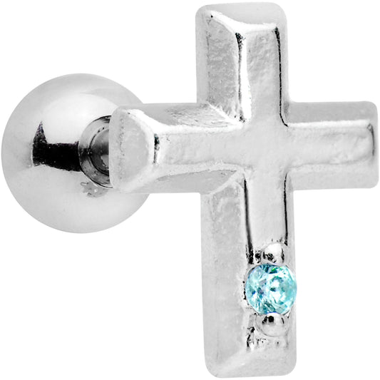 1/4 Aqua CZ Gem Embossed Cross Tragus Cartilage Earring