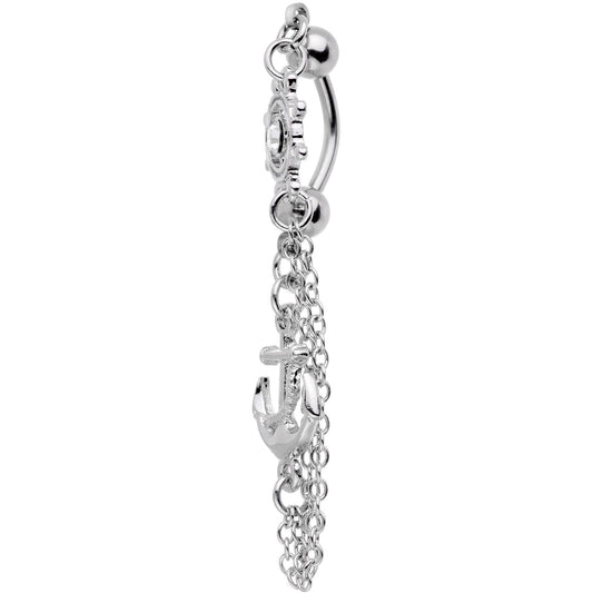 Ship Wheel and Anchor Nautical Chain Reversible Top Mount Dangle Belly Ring