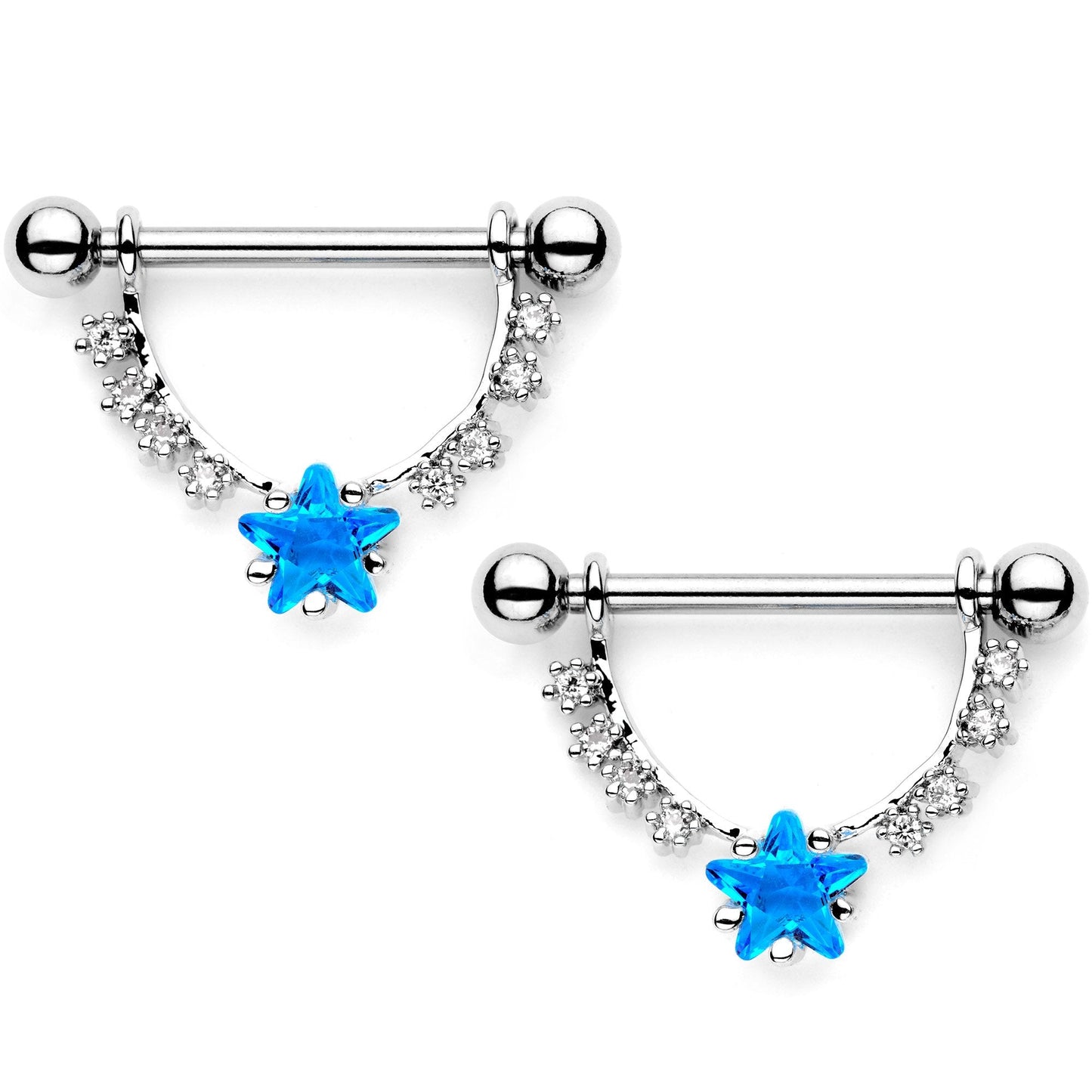 Aqua CZ Gem Superstar Dangle Barbell Nipple Ring Set
