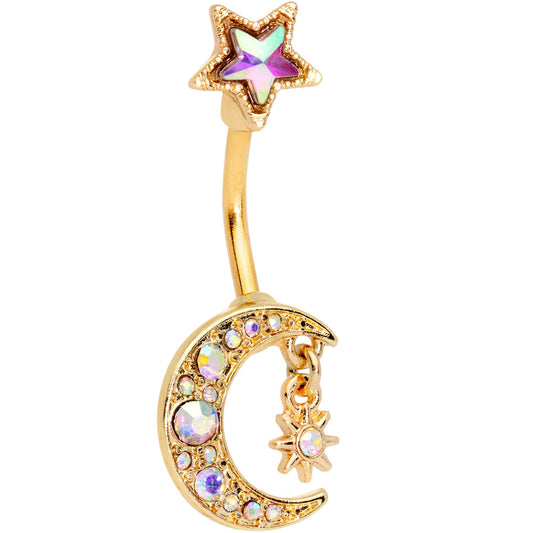 Aurora Gem Gold Tone Moon and Star Double Mount Belly Ring