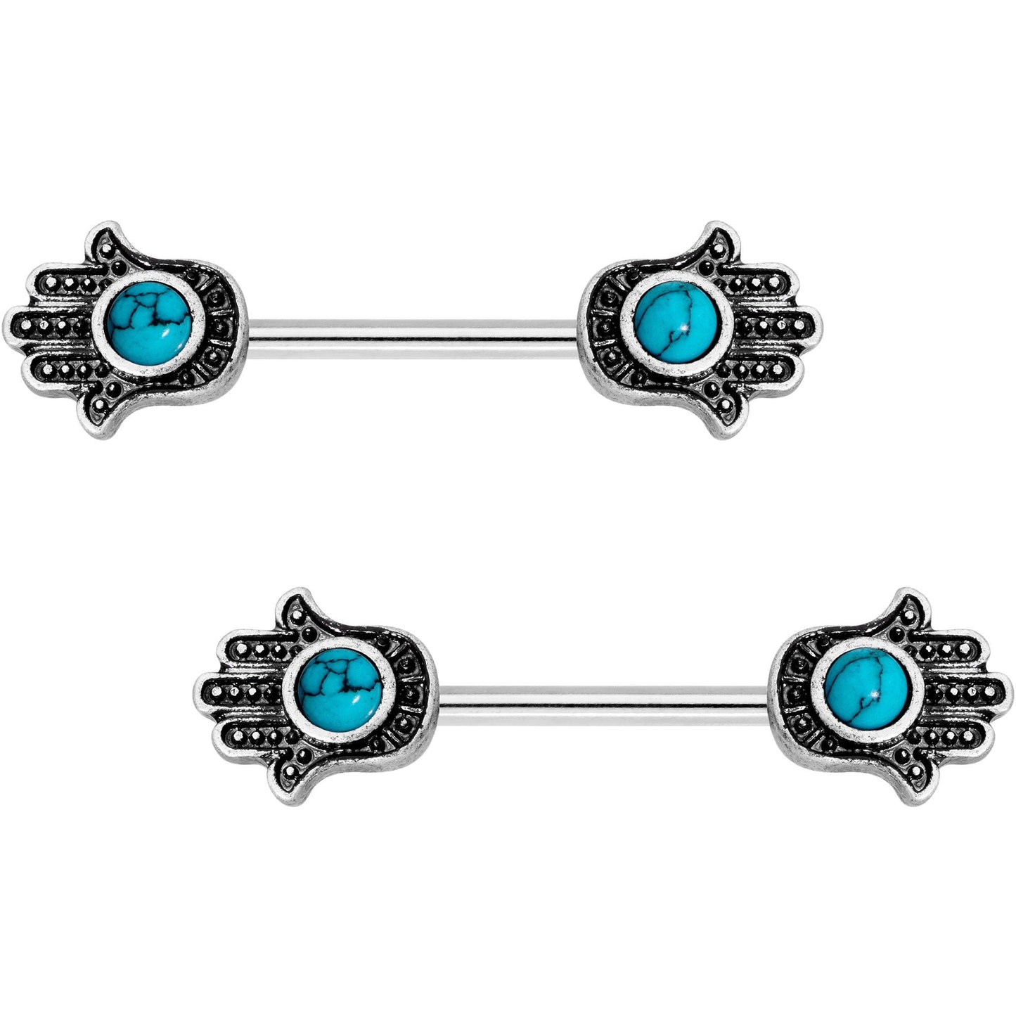 Faux Turquoise Hamsa Hand Barbell Nipple Ring Set