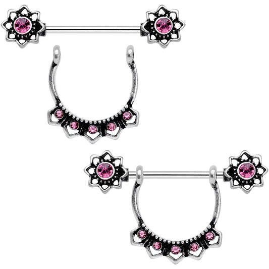 Pink Gem Flapper Fashion Removable Dangle Barbell Nipple Ring Set