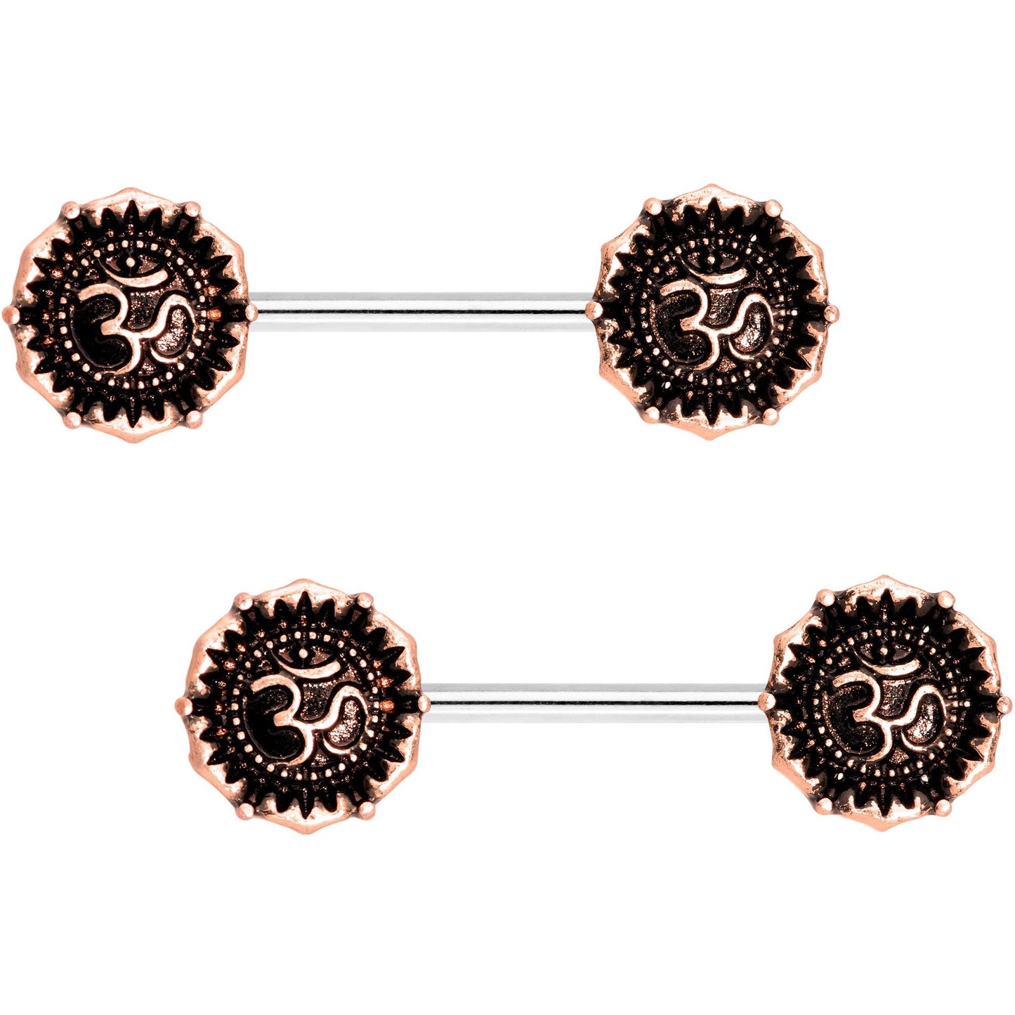 Rose Gold Tone Spiritual Ohm Symbol Barbell Nipple Ring Set