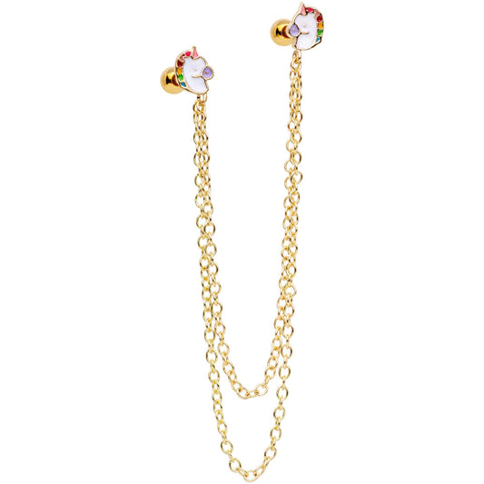 16G 1/4 Gold Tone Pretty Unicorns Cartilage Chain Earring