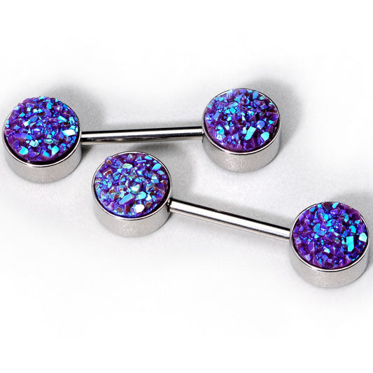 14G 9/16 Purple Synthetic Druzy Paradise Barbell Nipple Ring Set