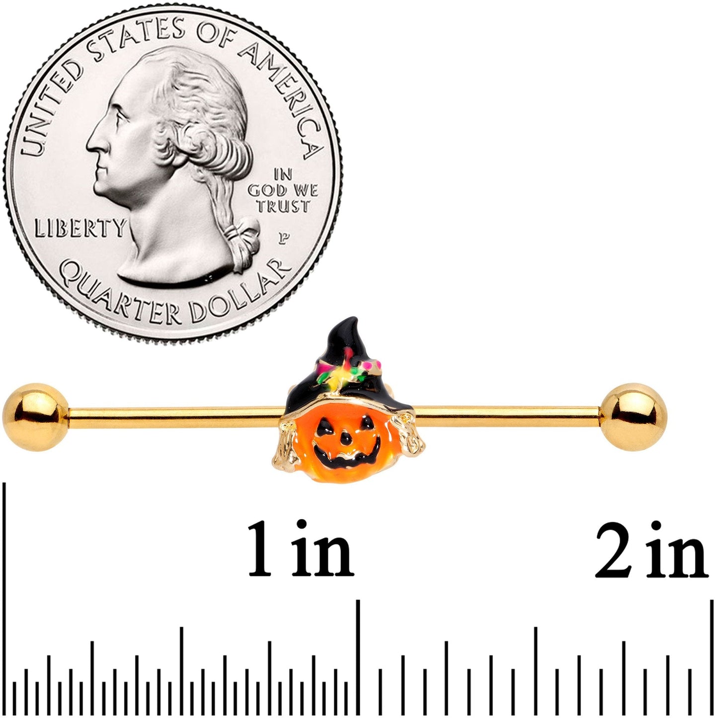 14G Gold Tone Halloween Jack O Lantern Industrial Barbell 38mm