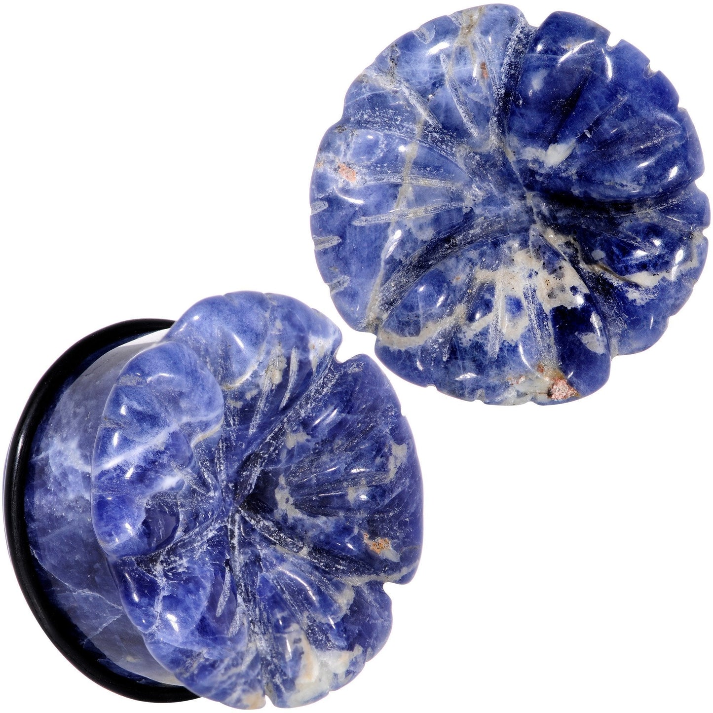 Natural Blue Sodalite Tropical Flower Single Flare Plug Set Sizes 6mm to 25mm
