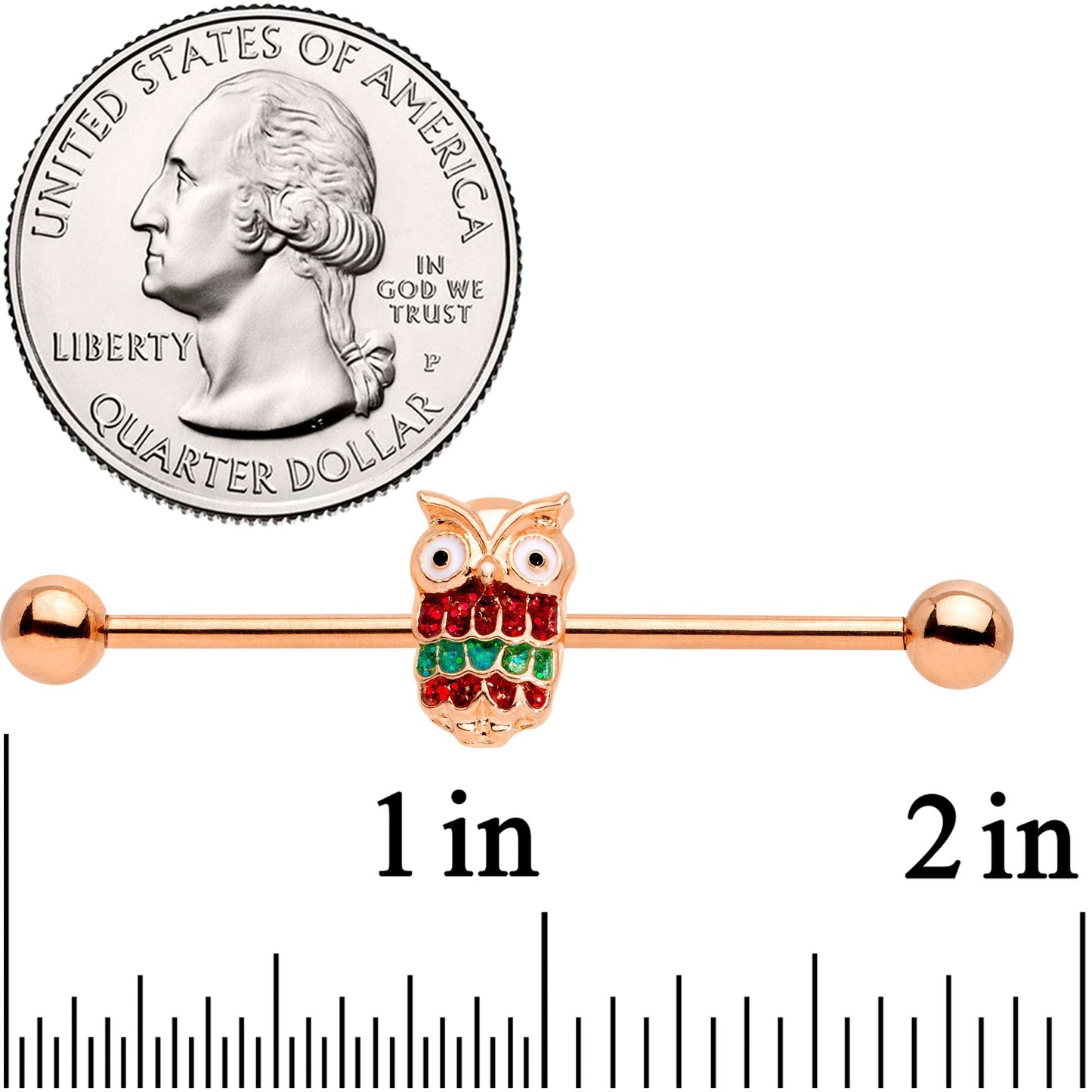 14G Rose Gold Tone Happy Holiday Hoot Owl Industrial Barbell 38mm