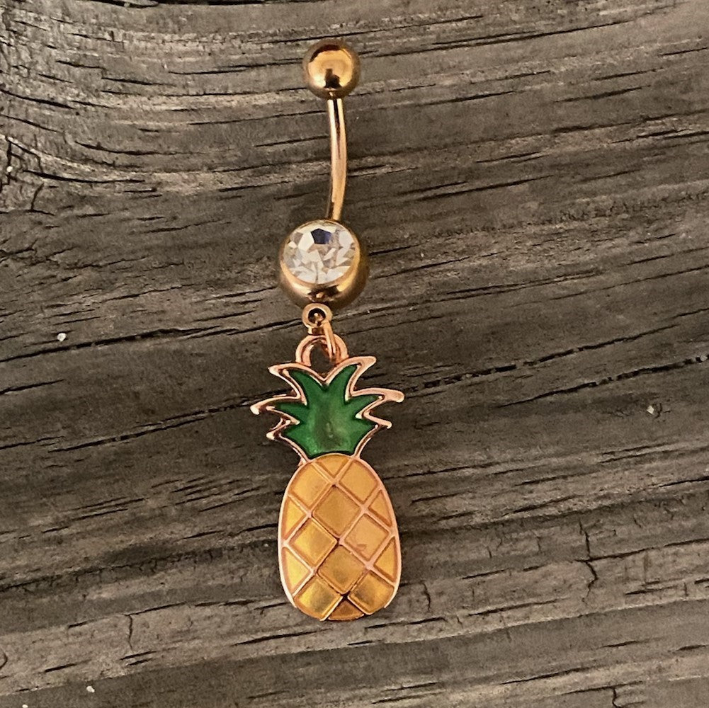 Clear Gem Rose Gold Tone Pineapple Dangle Belly Ring