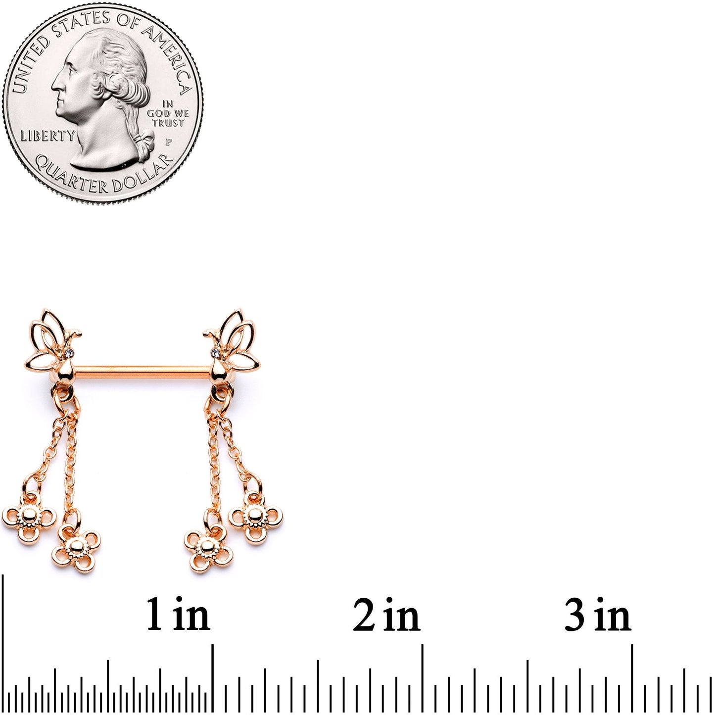 9/16 Clear Gem Rose Gold Tone Butterfly Dangle Barbell Nipple Ring Set