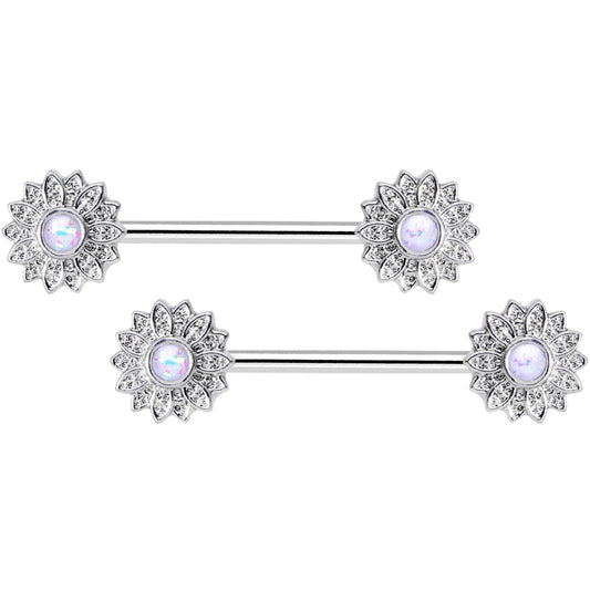 14G 9/16 1/2 White Faux Opal Horseshoe Barbell Nipple Ring Set