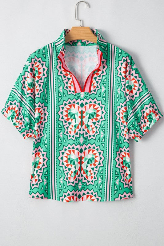 Kamiyah Boho Abstract Striped Collared V Neck Blou