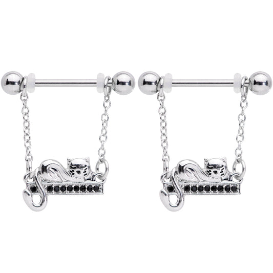 14G 5/8 Black Gem Nap Cat Dangle Nipple Ring Set
