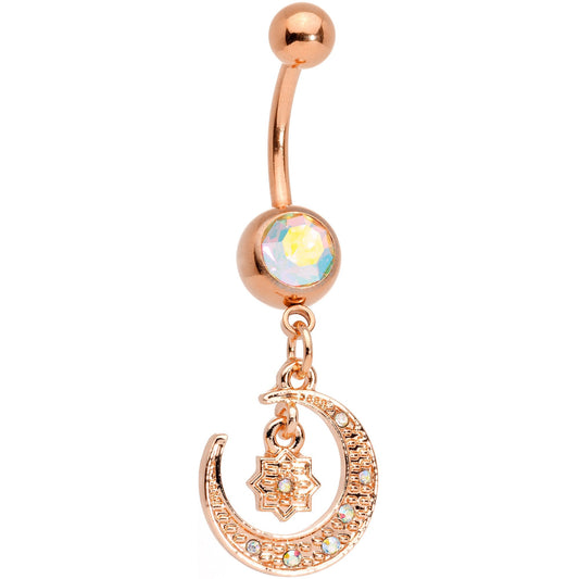 Aurora Gem Rose Gold Tone Celestial Star Moon Dangle Belly Ring Set