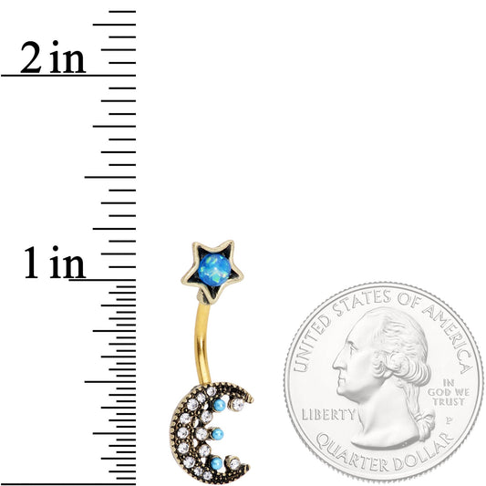 Aqua Faux Opal Gold Tone Orb Crescent Moon Reversible Belly Ring