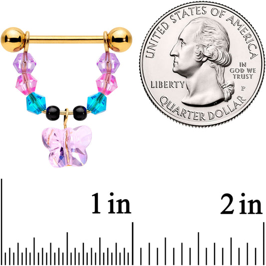 14G 5/8 Pink Blue Gem Gold Tone Butterfly Dangle Barbell Nipple Ring Set