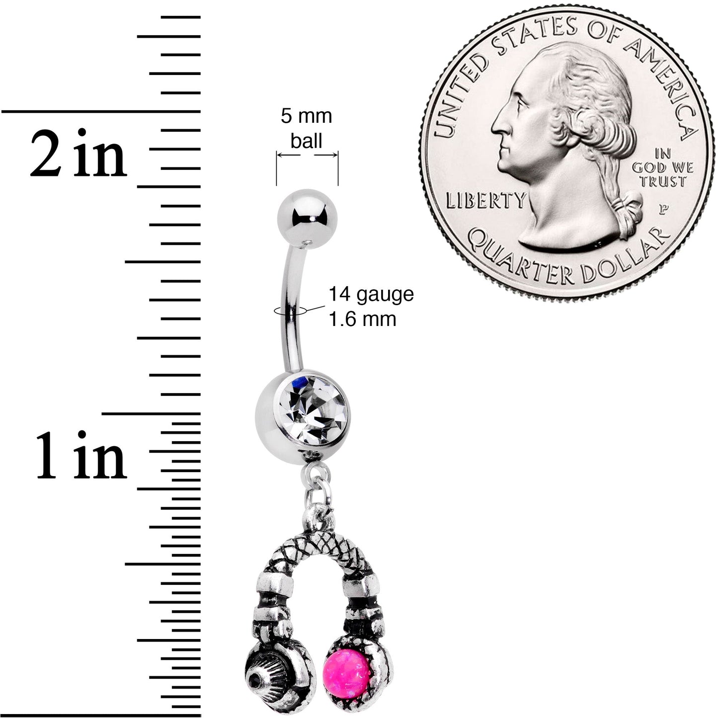 Clear Gem Pink Orb Music Headphones Dangle Belly Ring