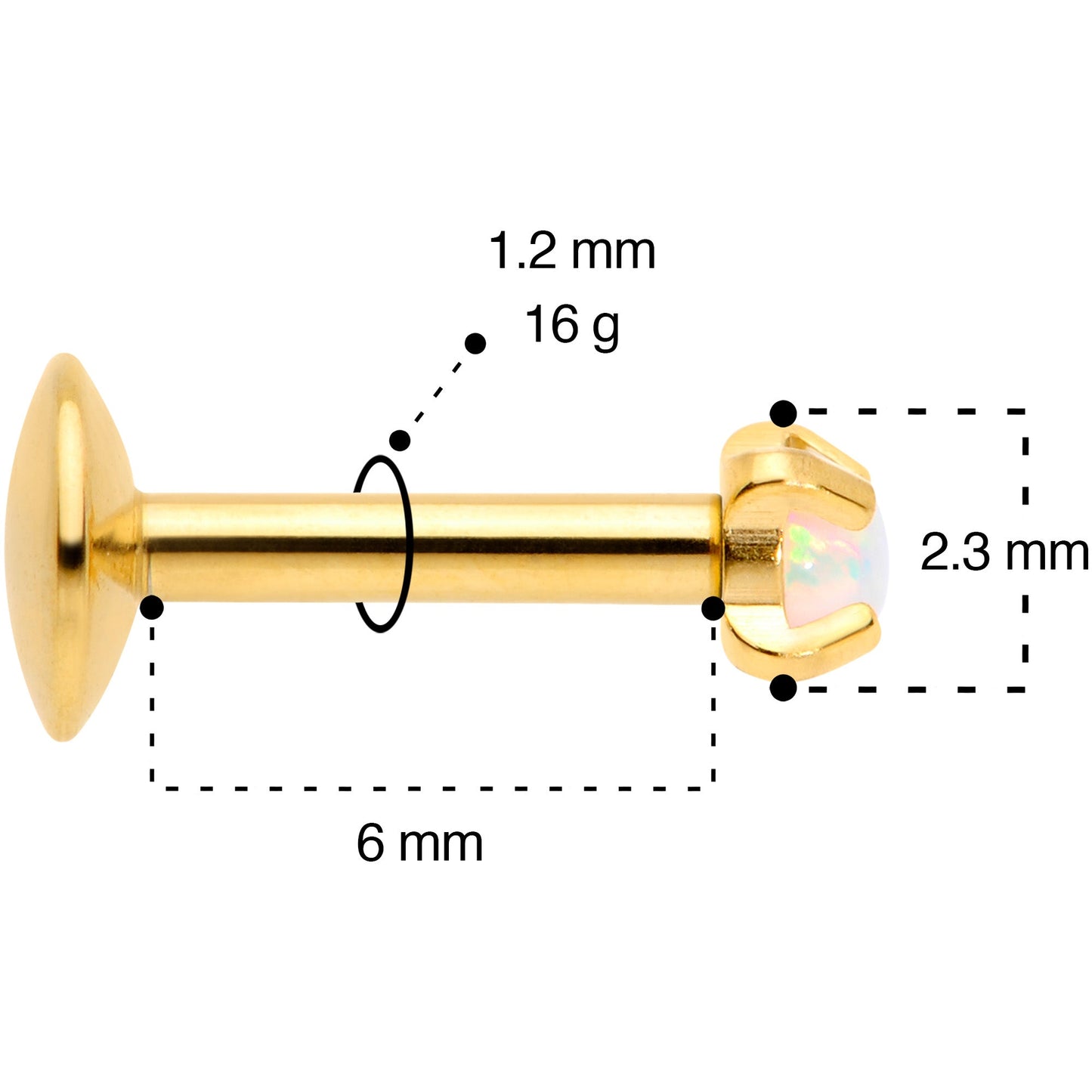 16G 1/4 2mm Syn Opal Gold G23 Titanium Internal Thread Labret