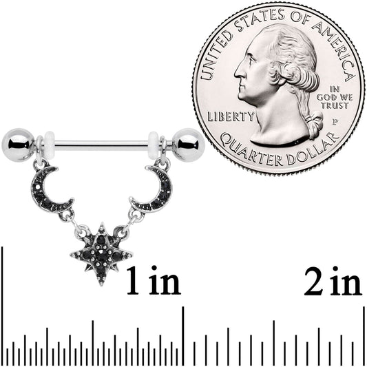 14G 9/16 Black Gem Crescent Moons Star Dangle Nipple Ring Set