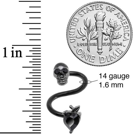 14G 1/2 Black CZ Gem Halloween Skull Spiral Twister Belly Ring