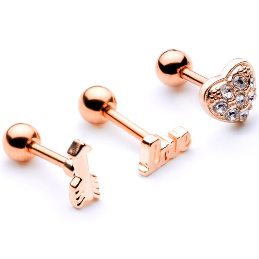 16G 1/4 Clear Gem Rose Gold Tone Plated Valentine Cartilage Set