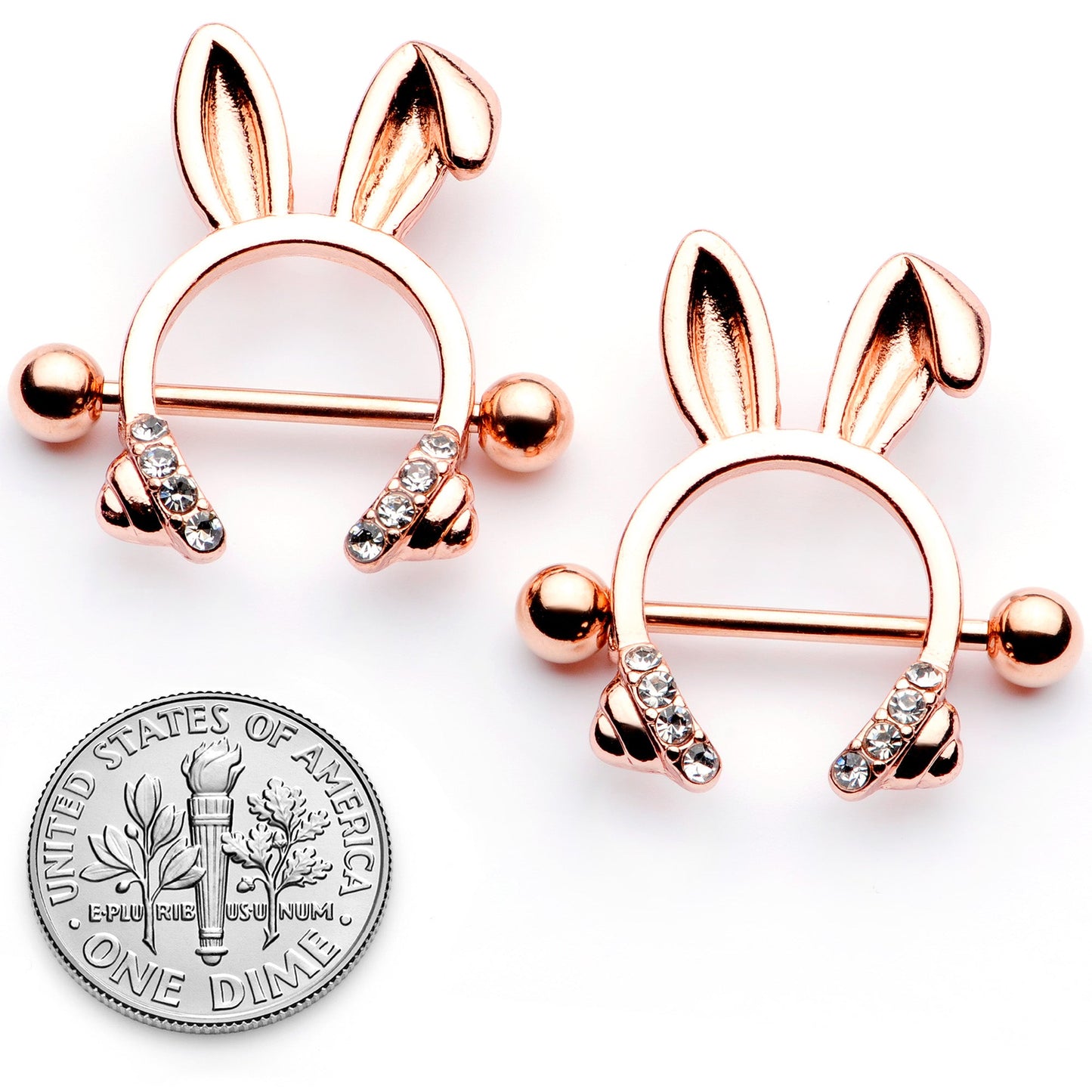 14G 9/16 Clear Gem Rose Gold Tone Bunny Ear Headphones Nipple Shield Set