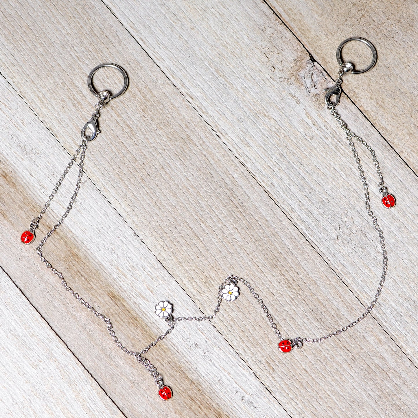 14G 9/16 Clear Gem Ladybug BCR Captive Ring Dangle Nipple Chain