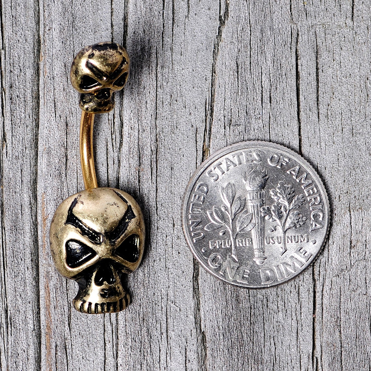 Gold Tone Scary Double Skull Halloween Double Mount Belly Ring