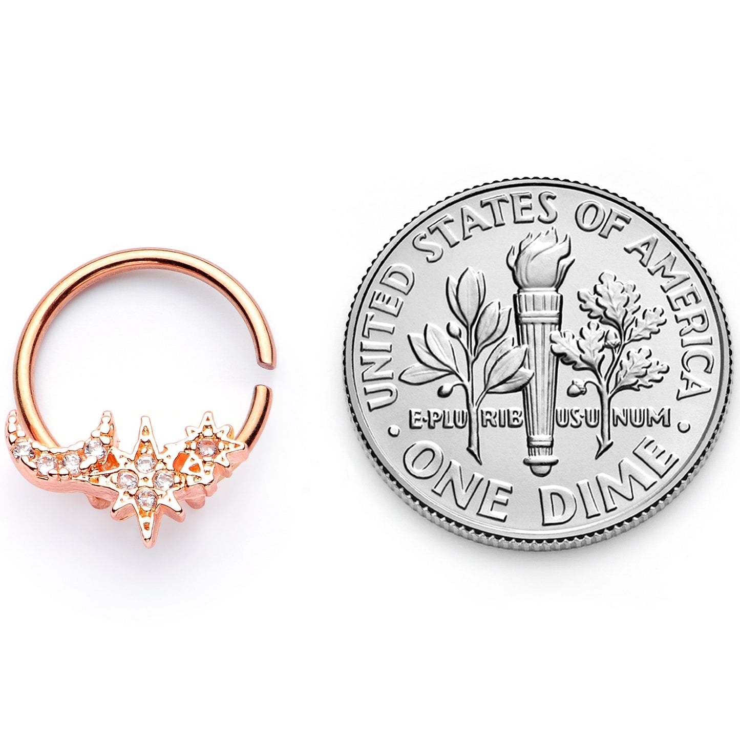 16G 3/8 Clear CZ Gem Rose Gold Tone Moon Stars Closure Ring